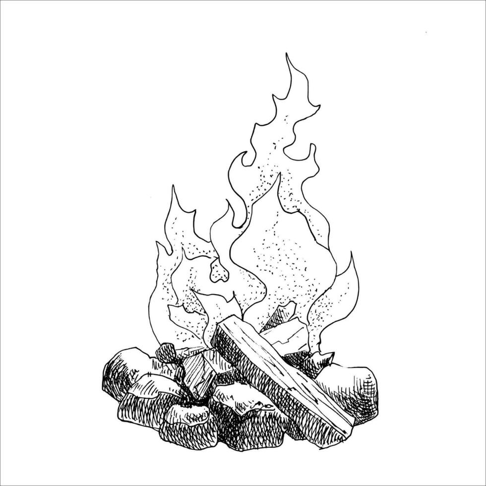 Bonfire with wood on the campfire camp place. Hand drawn sketch illustration.  Used for traveling, trip, hiking, camper, nature, fishing vector