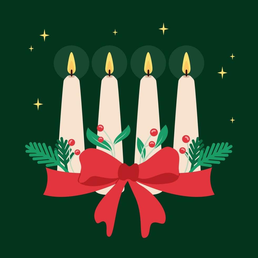 Festive Christmas advent candles with bow, fir branches and red berries illustration in flat style. vector