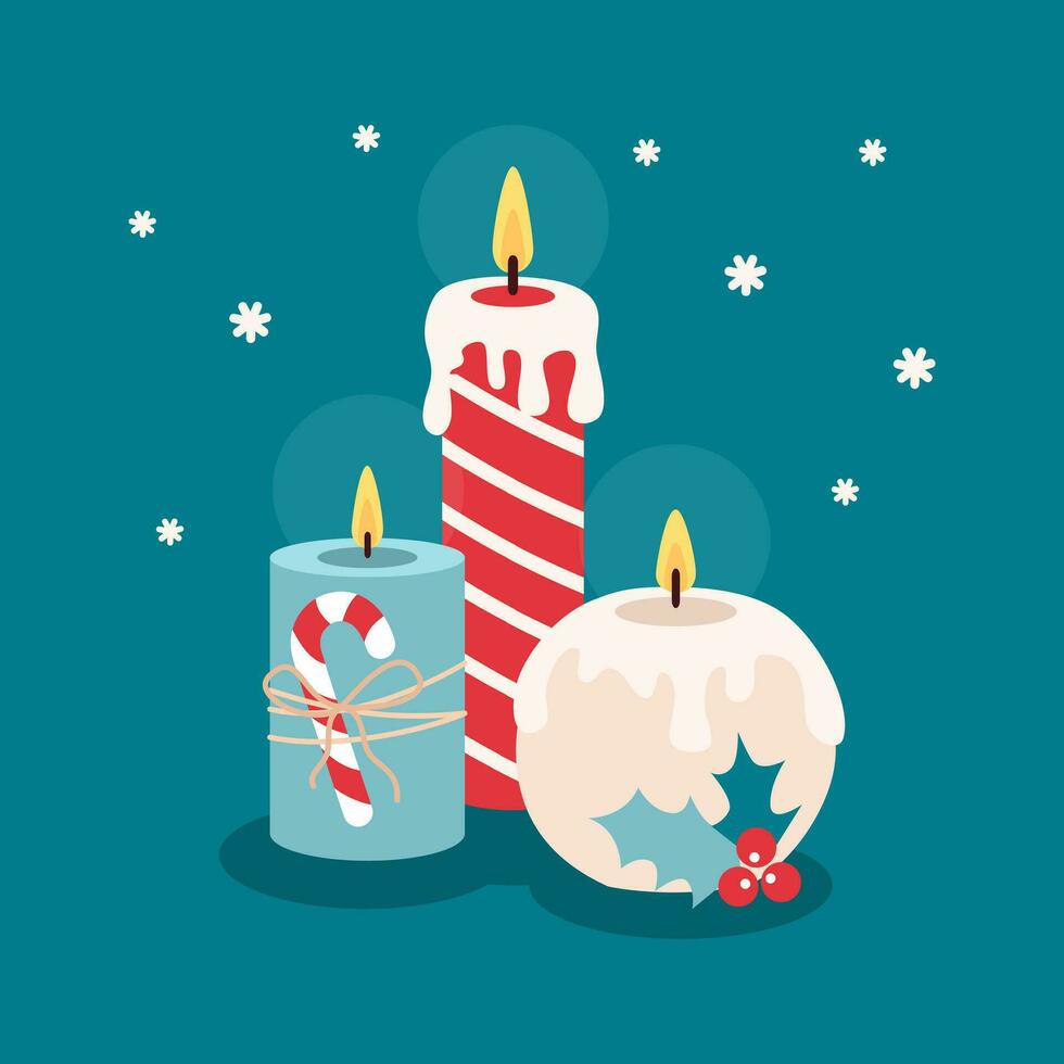 invierno Navidad acogedor velas con caramelo caña, rojo bayas. ilustración en plano estilo. vector