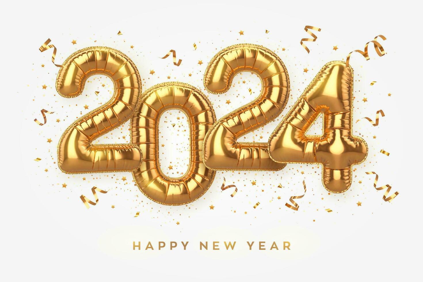 contento nuevo año 2024. dorado frustrar globo números en blanco antecedentes. alto detallado 3d realista oro frustrar helio globos alegre Navidad y contento nuevo año 2024 saludo tarjeta. vector ilustración.
