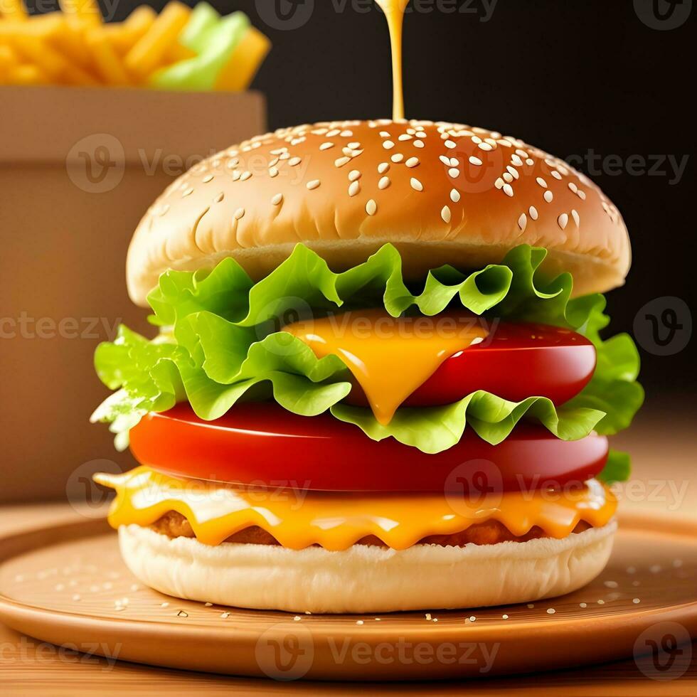 AI generated Delicious burger with melted cheese and a thick juicy minced beef patty, garnished with lettuce and tomatoes on a sesame seed bun. The image was created using generative AI. photo