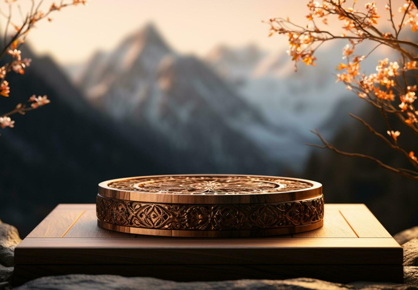 AI generated Wood and stone slice round disc podium with mountain background podium In forest For product present photo