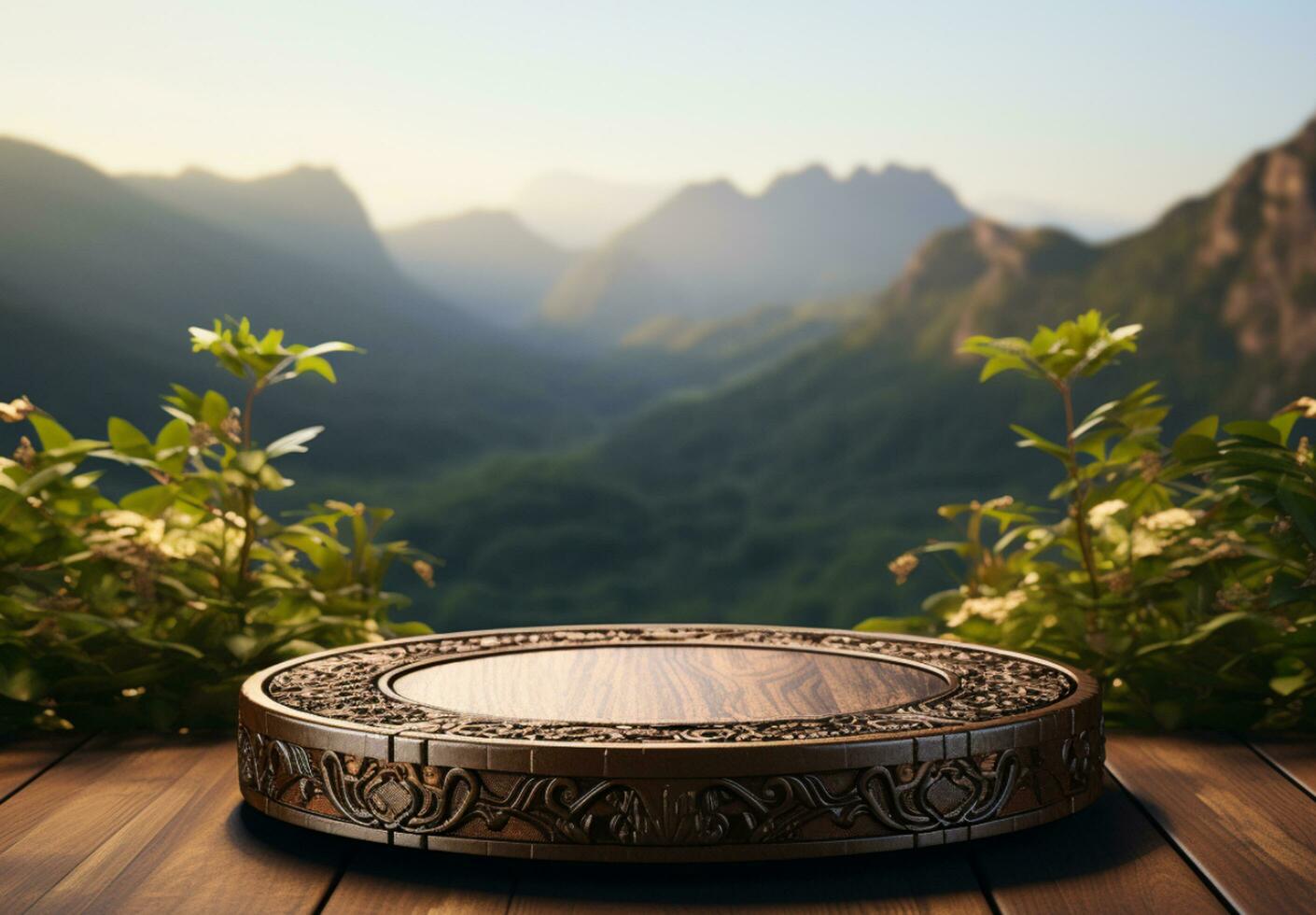 AI generated Wood and stone slice round disc podium with mountain background podium In forest For product present photo
