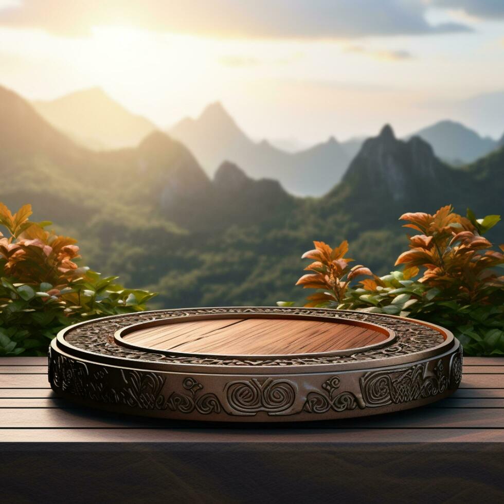 AI generated Wood and stone slice round disc podium with mountain background podium In forest For product present photo