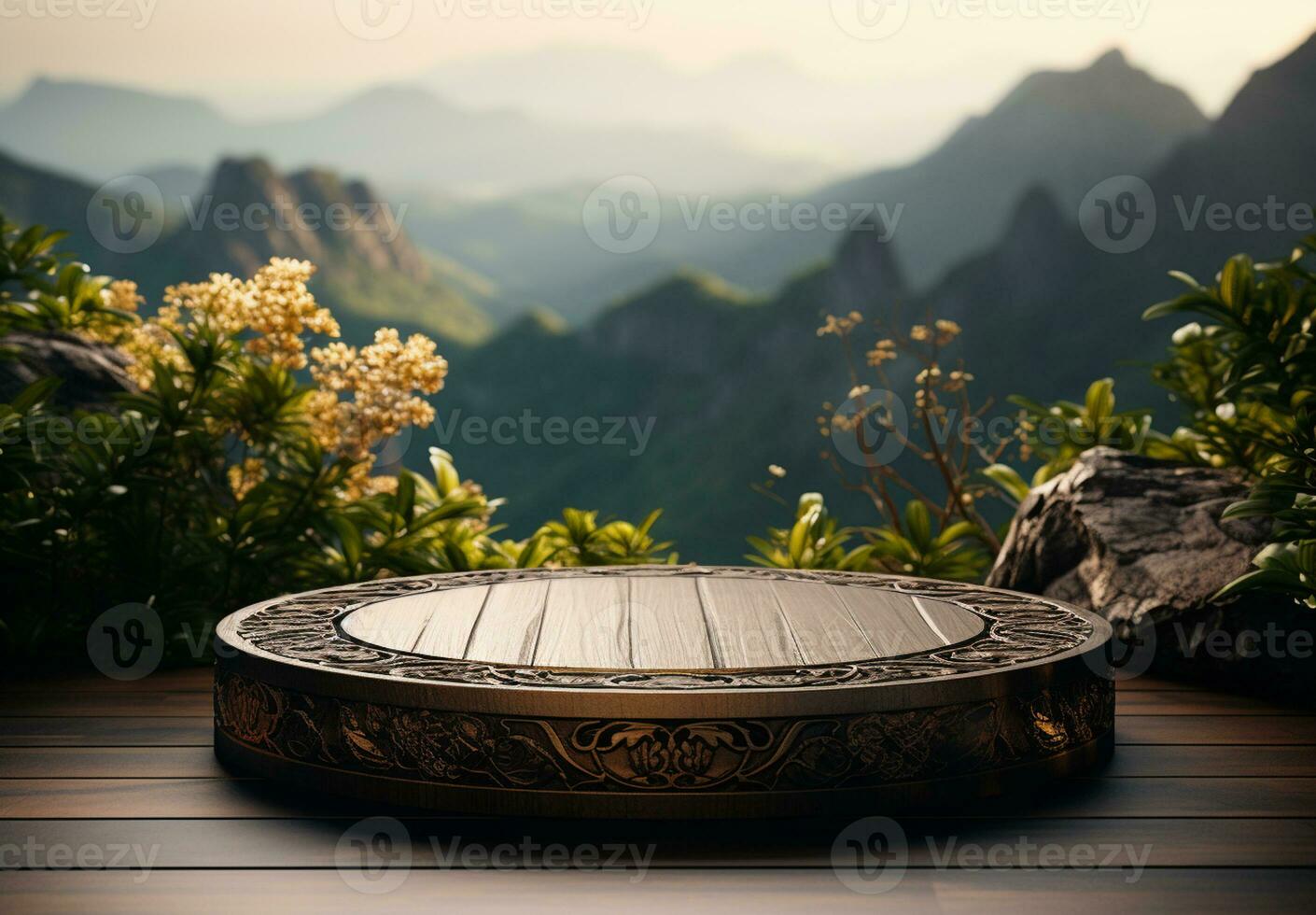 AI generated Wood and stone slice round disc podium with mountain background podium In forest For product present photo