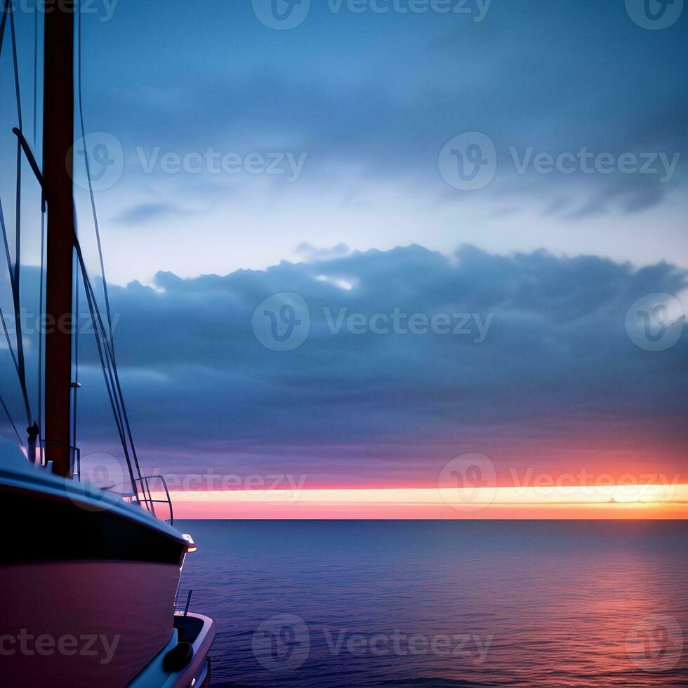 AI generated Yacht sailing against sunset. Holiday lifestyle landscape with skyline sailboat and sunset silhouette. Yachting tourism. The image was created using generative AI. photo