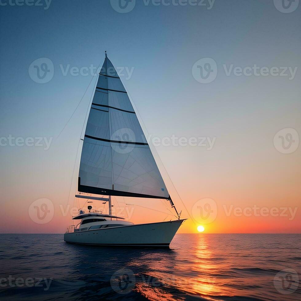 AI generated Yacht sailing against sunset. Holiday lifestyle landscape with skyline sailboat and sunset silhouette. Yachting tourism. The image was created using generative AI. photo