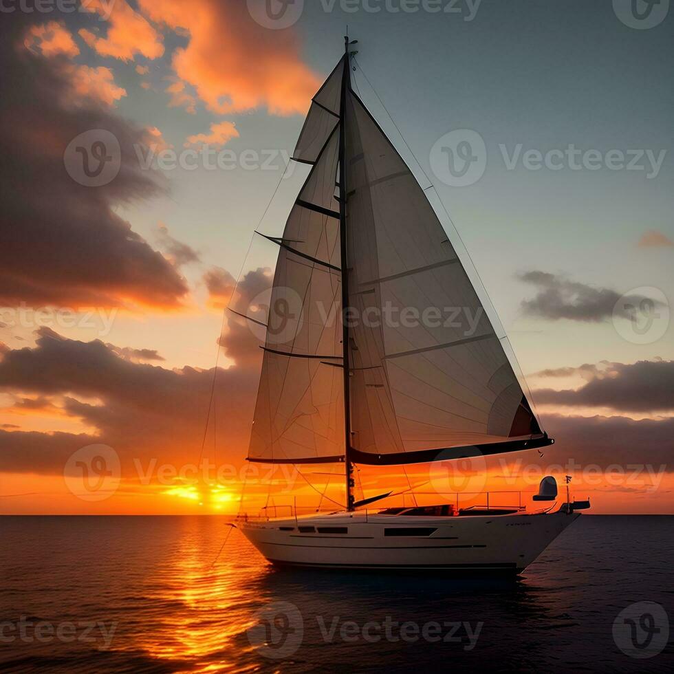 AI generated Yacht sailing against sunset. Holiday lifestyle landscape with skyline sailboat and sunset silhouette. Yachting tourism. The image was created using generative AI. photo