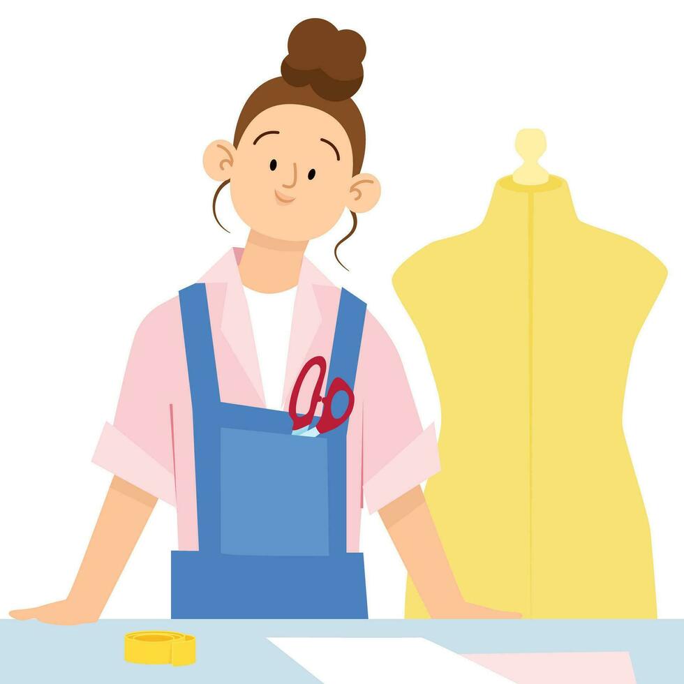 Young flat woman seamstress with mannequin, scissors and table for work vector