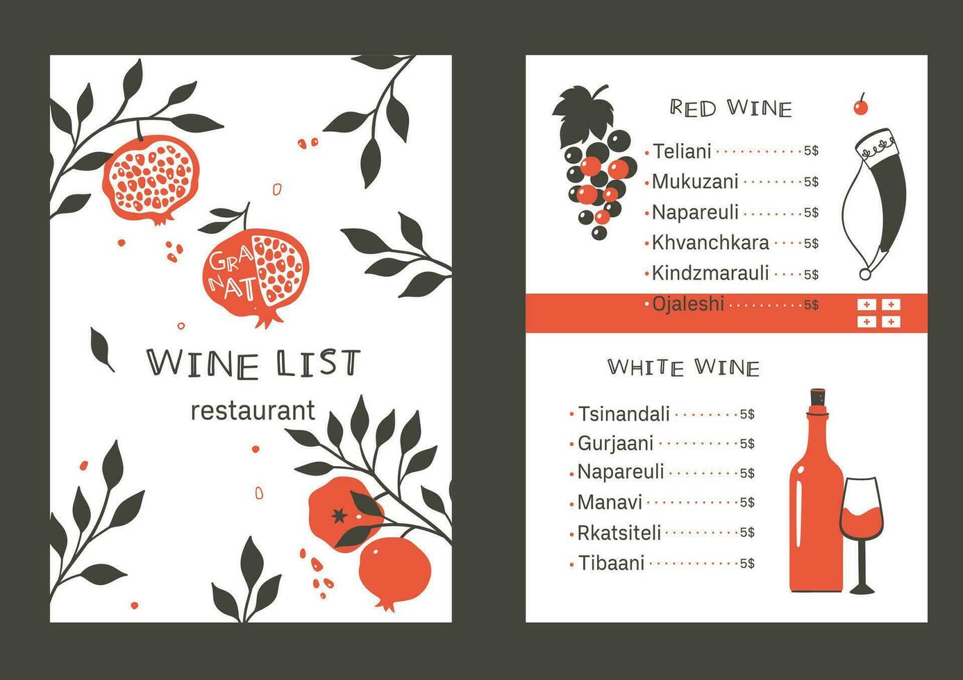 Georgian restaurant wine list template with simple illustrations. Vector graphics.
