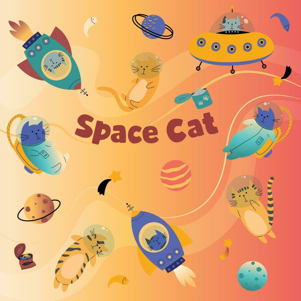 el inscripción espacio gatos en un degradado antecedentes. varios gato astronautas en cascos, trajes espaciales, jugando en espacio. naves espaciales planetas vector ilustración