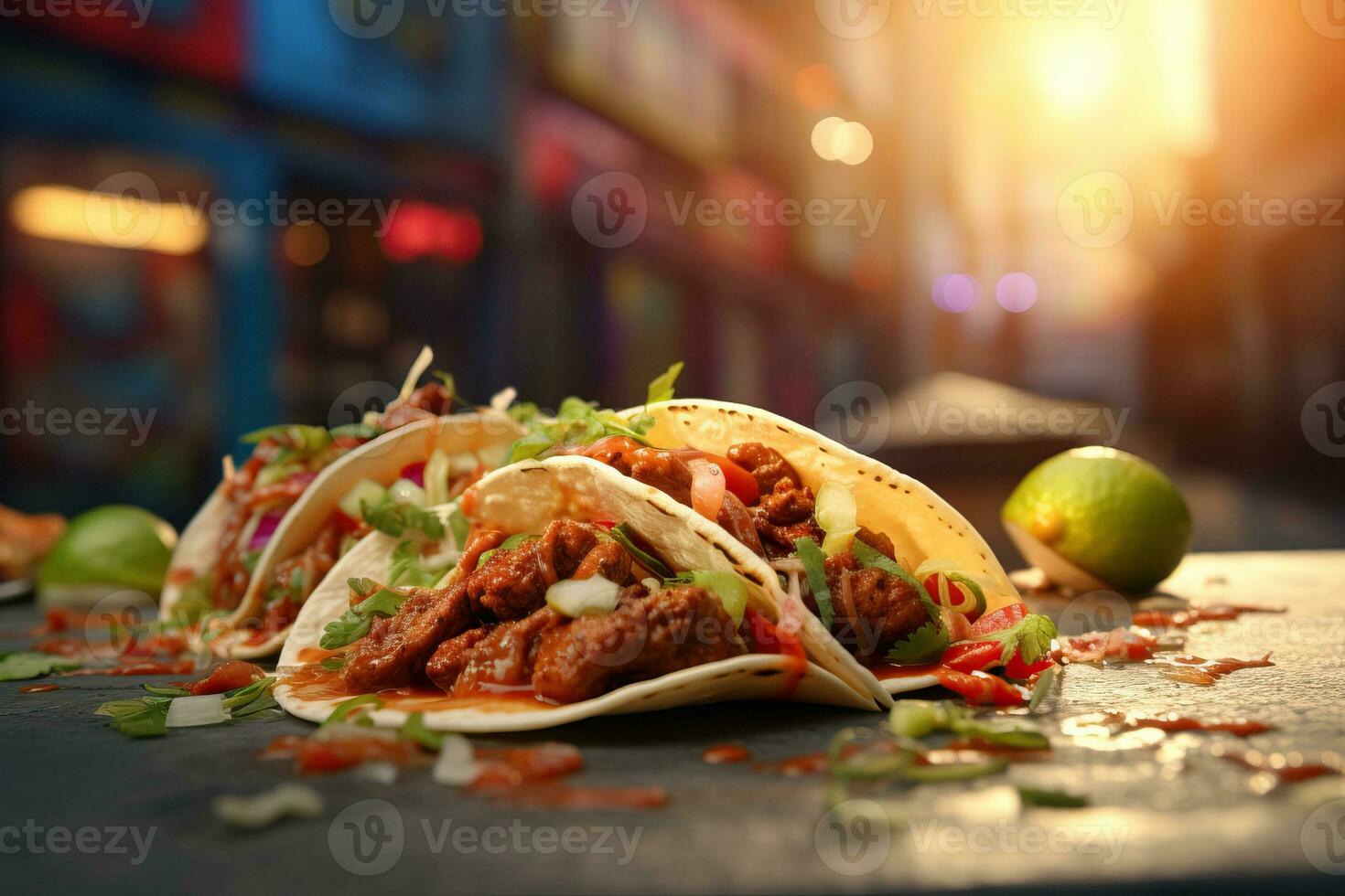 Close-up shot of a street-style taco with grilled meat, fresh salsa, and vibrant toppings photo