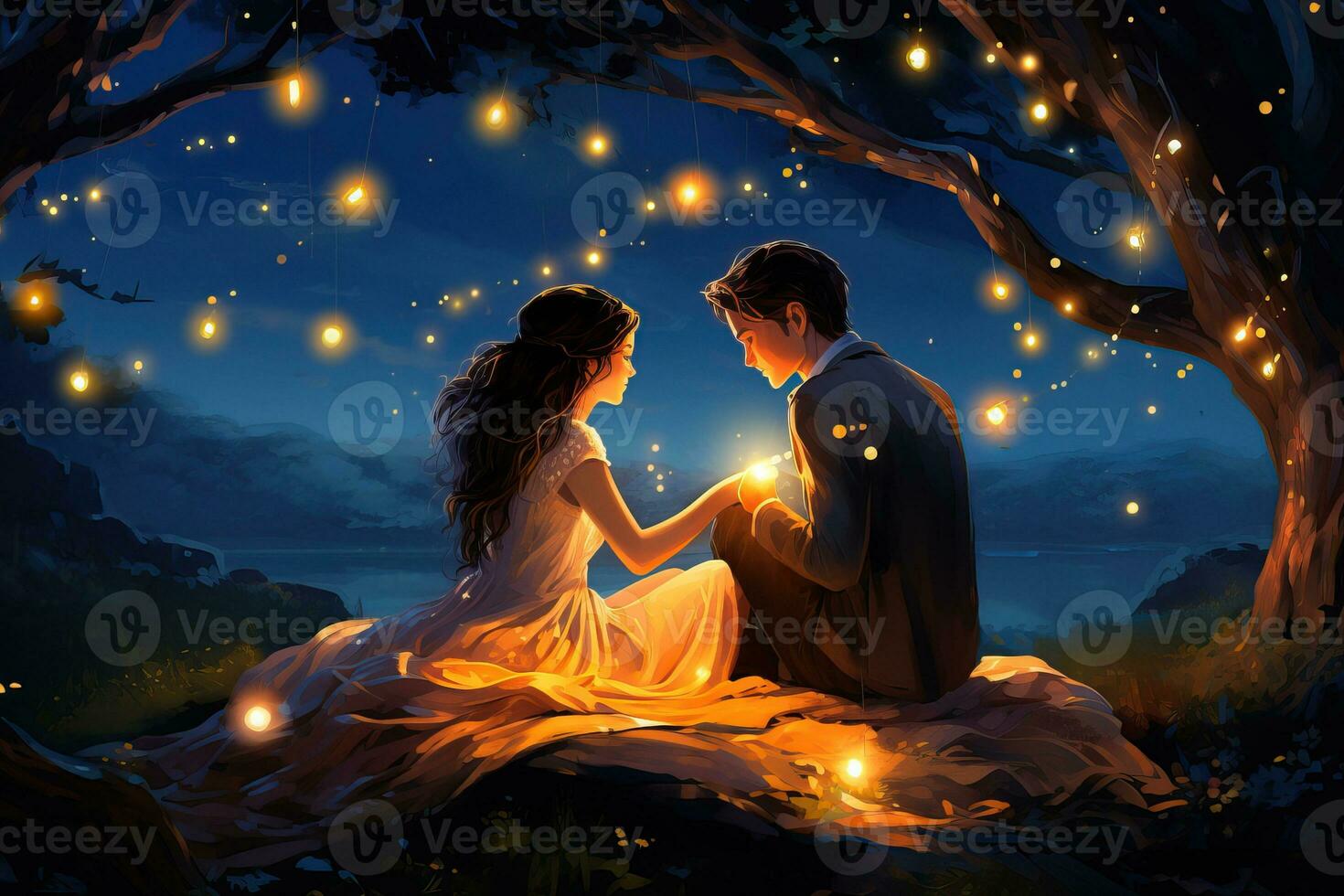 Romantic Couple lovers in park, under trees. Romantic date night under the stars. Valentines Day photo