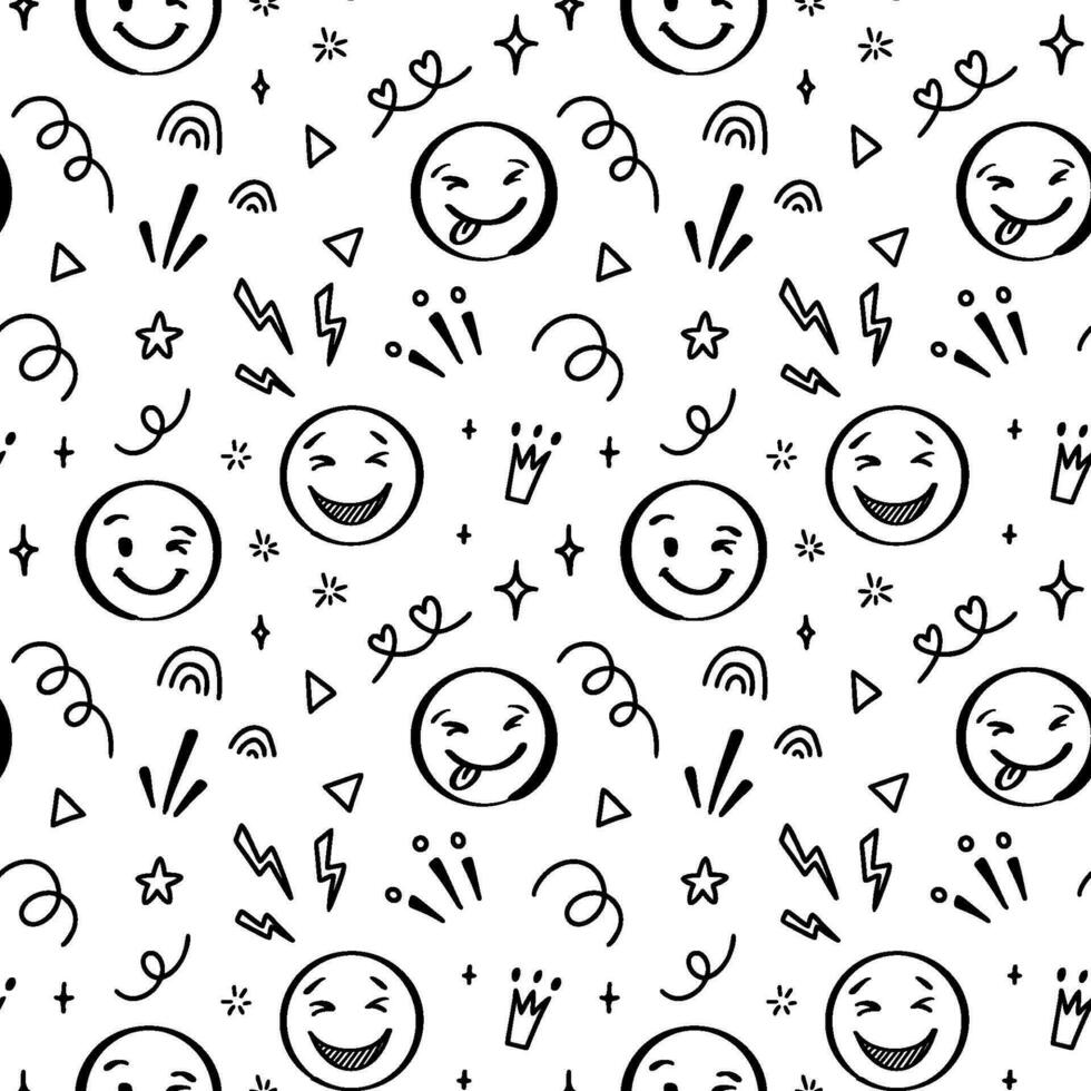 Doodle emoji seamless pattern. Hand drawn sketch positive emoticons background. Freehand emotion expression design vector