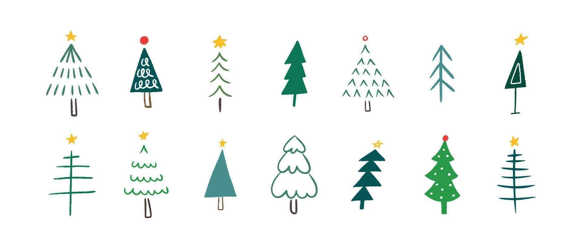 Hand drawn Christmas trees collection. Set colored doodle woods isolated on white background vector