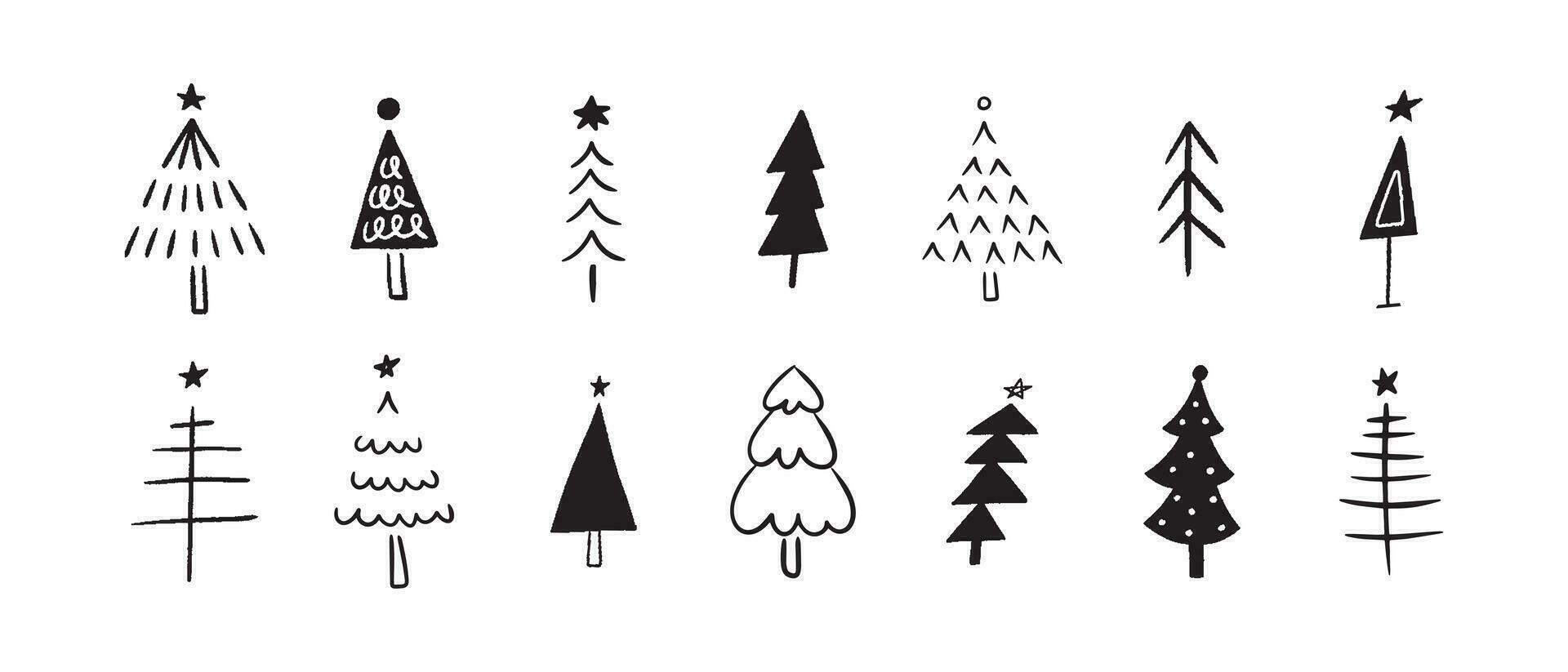 Hand drawn Christmas trees collection. Set doodle woods isolated on white background vector