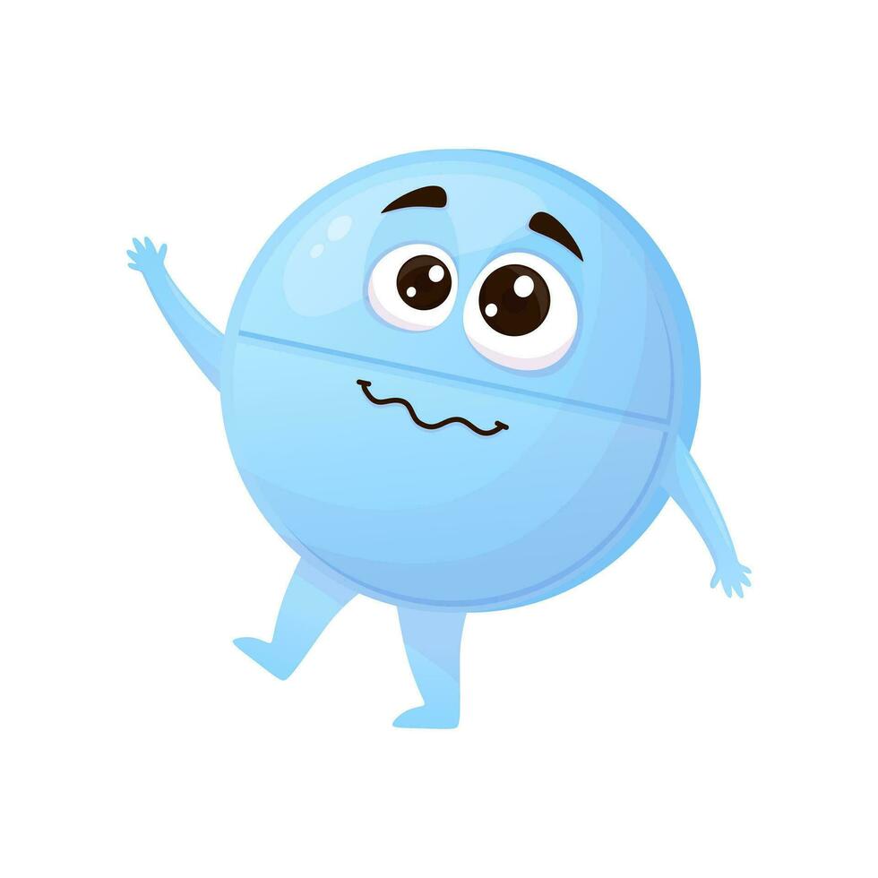 Blue pill vector character with big eyes, a playful mouth, legs, and arms in a charming cartoon style. Lively medical tablets for children's themes, pharmacies, hospitals, and boosting sales.