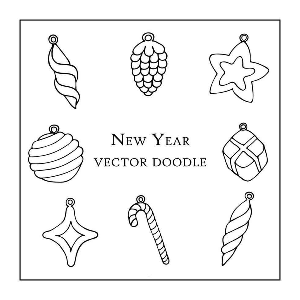New Year's vector doodle set. black and white illustration of New Year's toys on the Christmas tree in cartoon style on a white background.