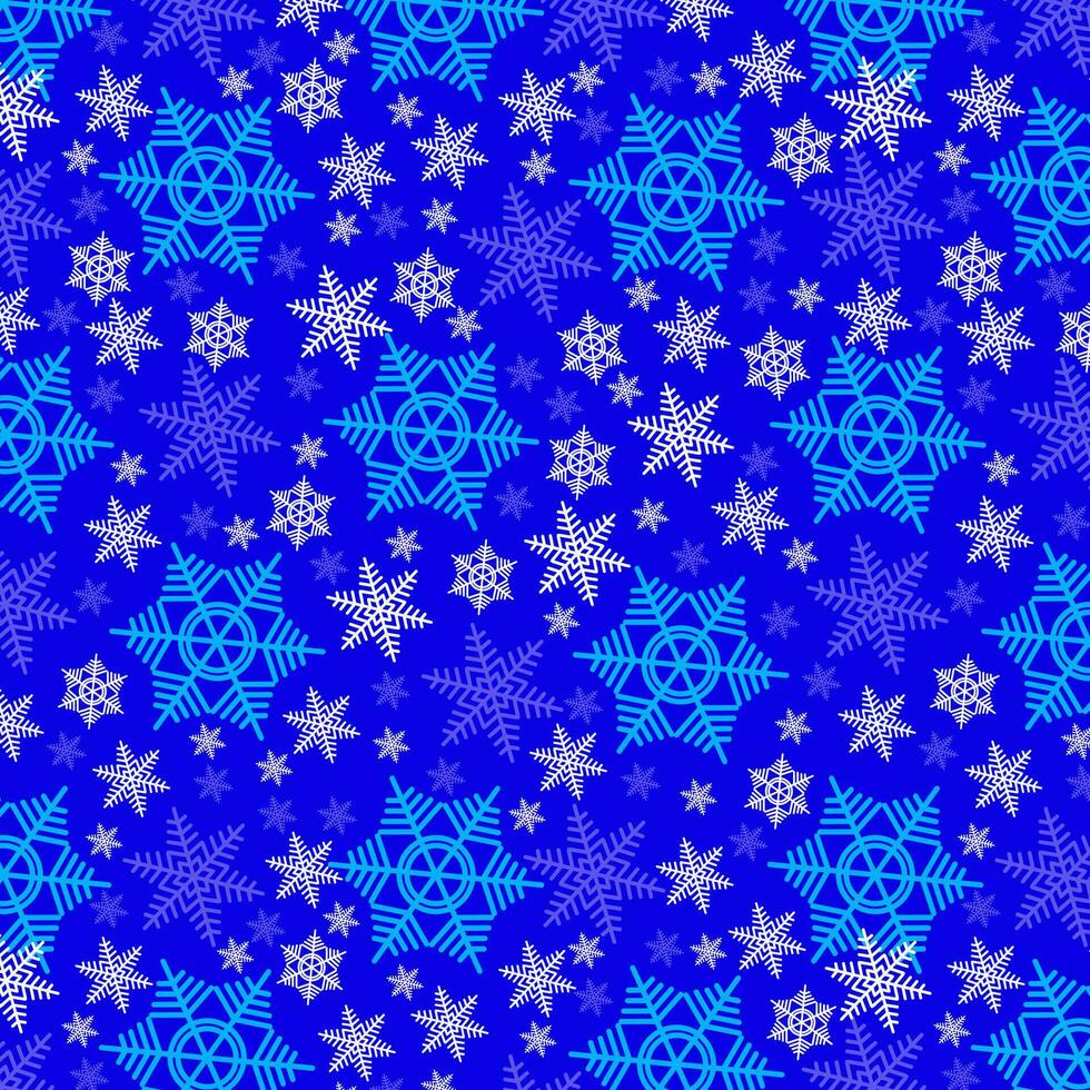 New Year seamless vector pattern. Snowflakes on a blue background. Pattern for holiday packaging of gifts, cards and congratulations. Winter background.