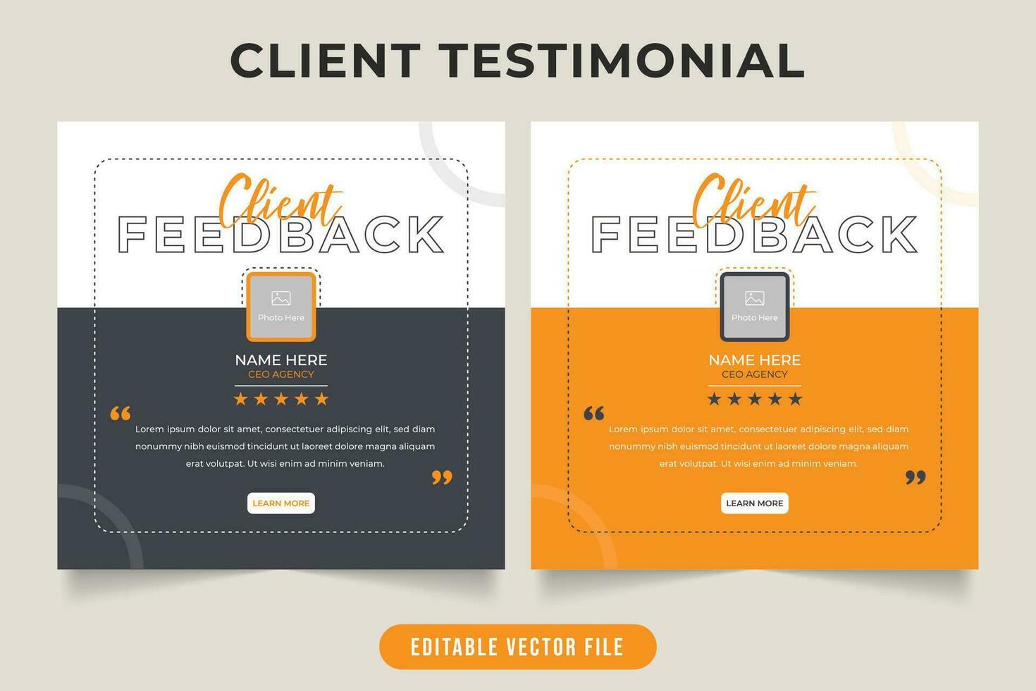 Client testimonial and work review template with yellow and gray colors. Customer comment and quote layout design with rating section. Client feedback and testimonial vector for business.