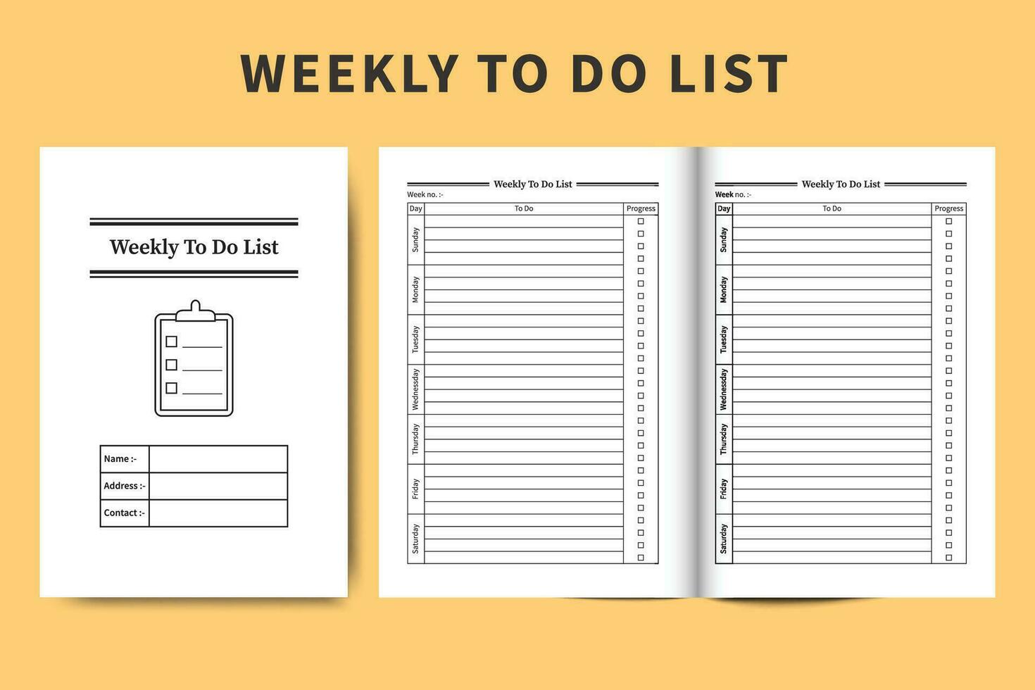 Weekly to do list notebook and task tracker vector. Task organizer and work planner list interior. Weekly worklist diary interior template design. To do list logbook and task planner journal. vector