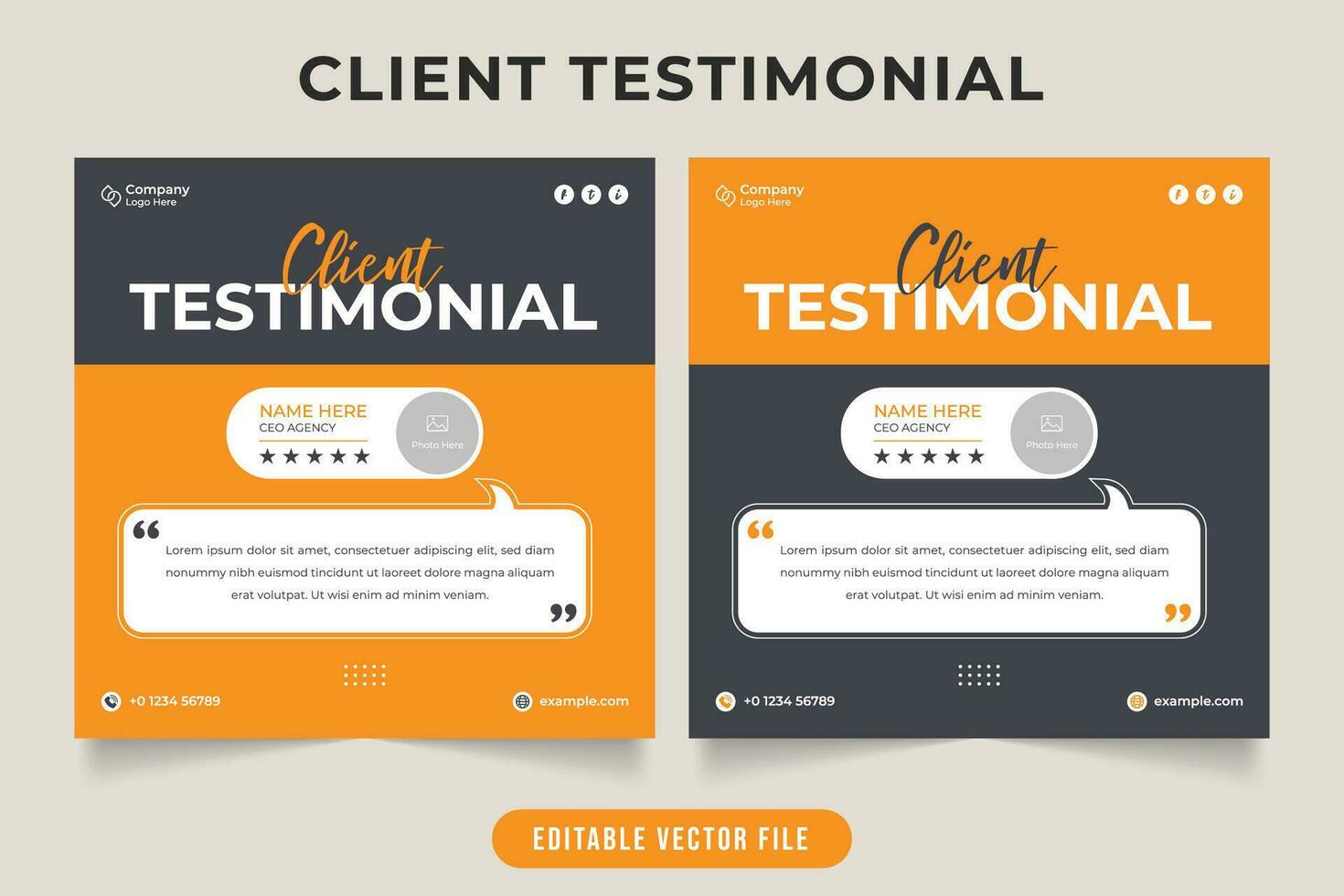 Client testimonial and work review template vector. Customer work experience and feedback layout design with yellow and black color. Customer feedback testimonial layout with photo placeholders. vector