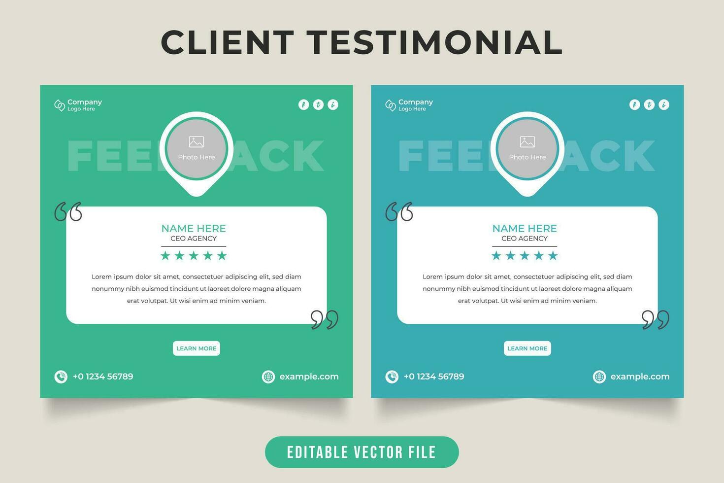 Client testimonial and quote layout vector with photo placeholders. Customer review and quote templates for businesses or websites. Client feedback and work rating layout with green and blue colors.