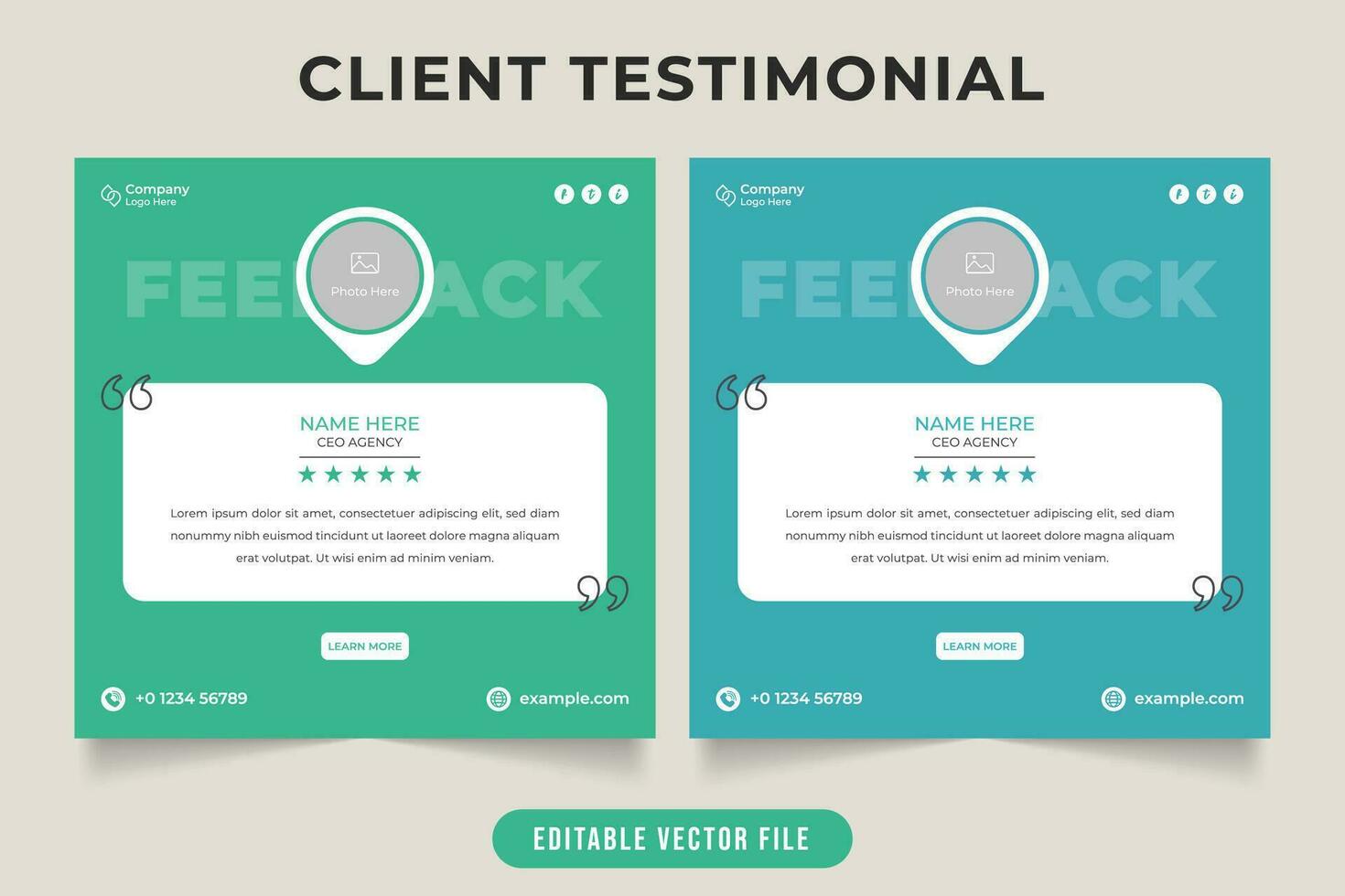 cliente testimonial y citar diseño vector con foto marcadores de posición cliente revisión y citar plantillas para negocios o sitios web cliente realimentación y trabajo clasificación diseño con verde y azul colores.