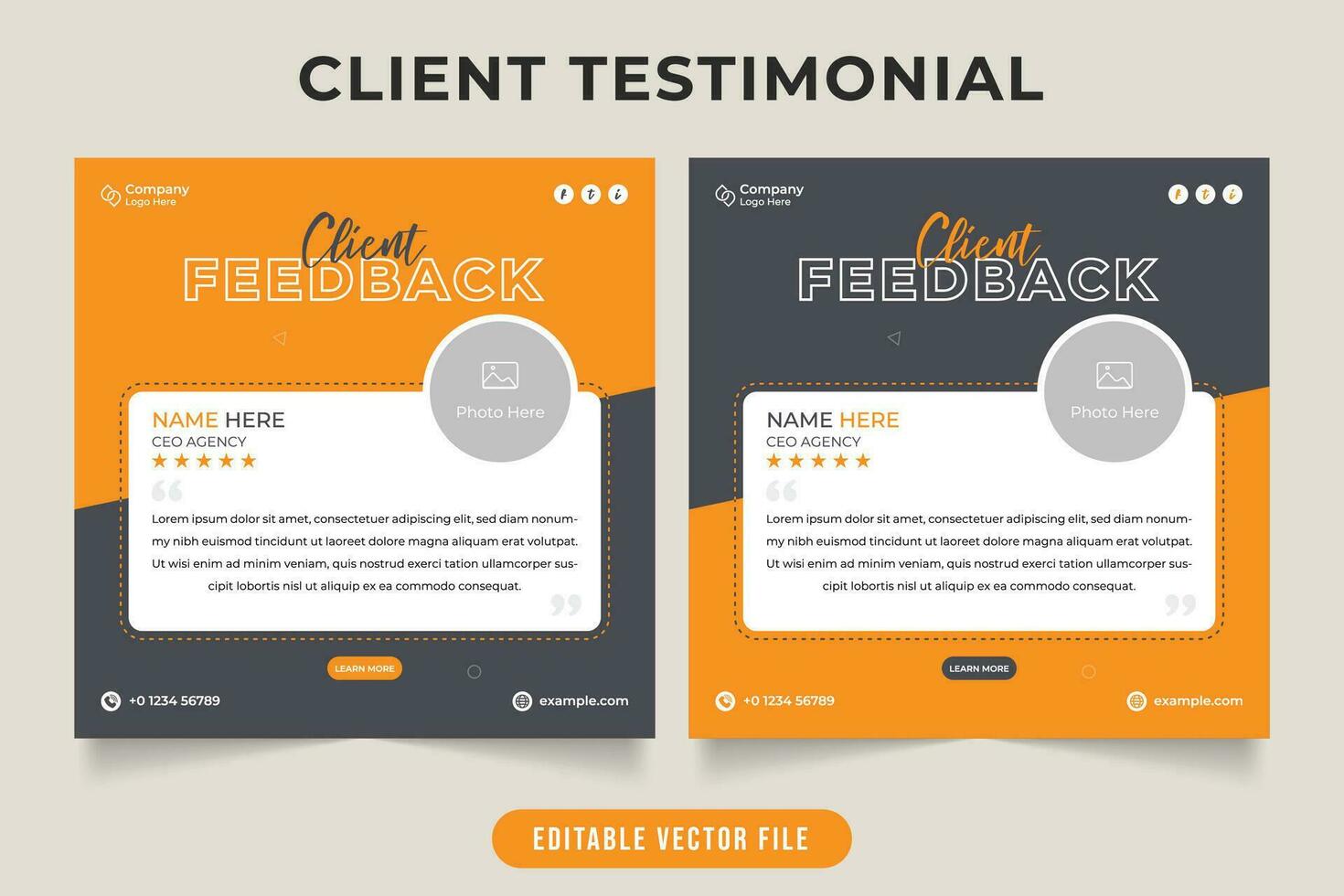 Client work review and testimonial design with yellow and dark gray colors. Modern customer feedback and quote layout vector for business promotion. Client experience and service review testimonial.