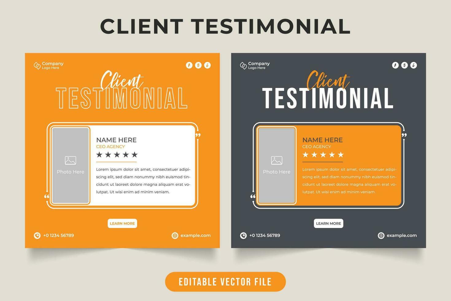 Business review testimonial design with dark gray and yellow colors. Customer experience feedback and quote section vector with photo placeholders. Client work review and rating template.