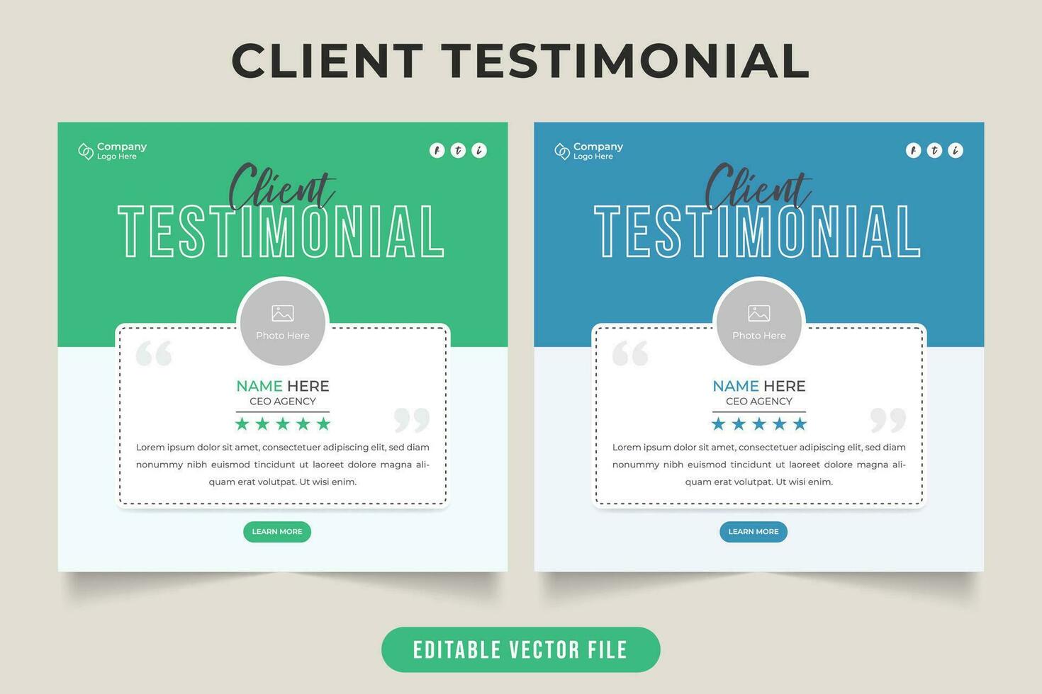 Customer work review and quote section vector with green and blue colors. Client testimonial and feedback layout design for business. Customer satisfaction and work rating template.