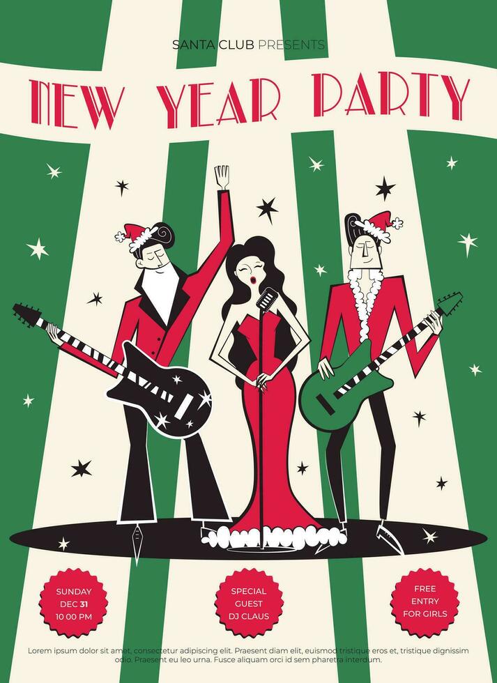 Night club retro New Year party invitation. 60s - 70s disco style Christmas poster. Vector illustration with musical band in red Christmas clothing with men with guitar and singer woman.