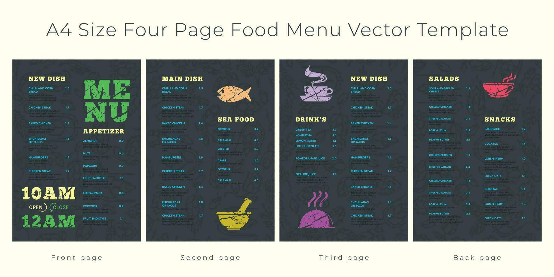 cuatro página, a4 Talla comida menú modelo vector
