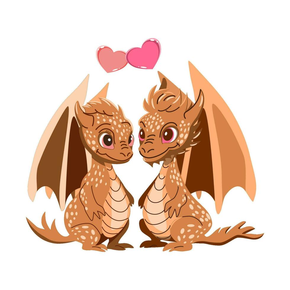 Cute cartoon dragon couple in love. Vector illustration isolated on white background