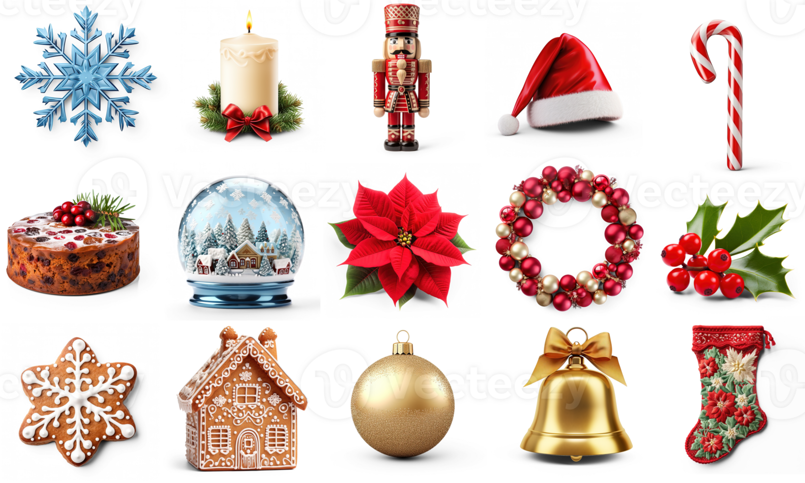 AI generated SET of Nutcracker, Stocking, Poinsettia, Fruitcake, Christmas Snowglobe, Santa Hat, wreath, gingerbread house, bauble isolated on transparent background png