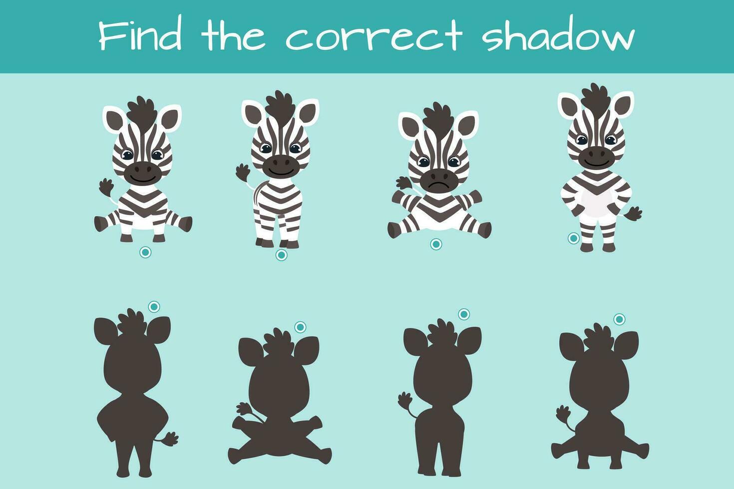 Find correct shadow. Kids educational logic game. Cute funny zebra. Vector illustration isolated on white background.