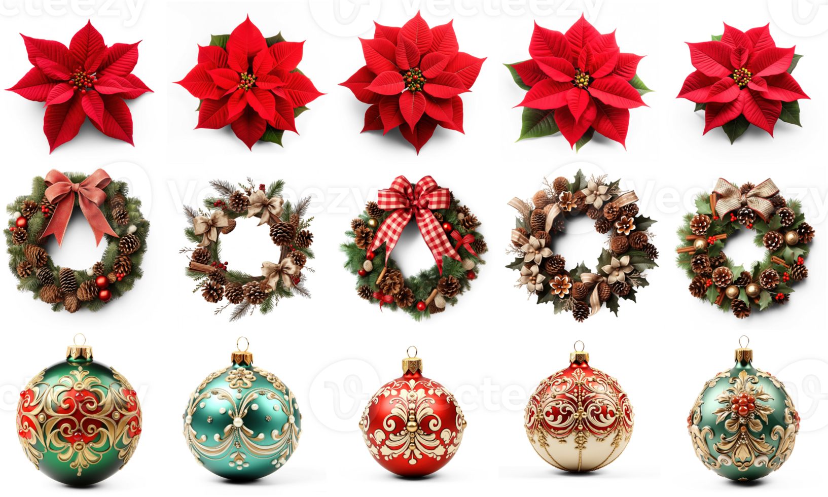 AI generated Set of Poinsettia, wreath, bauble isolated on transparent png