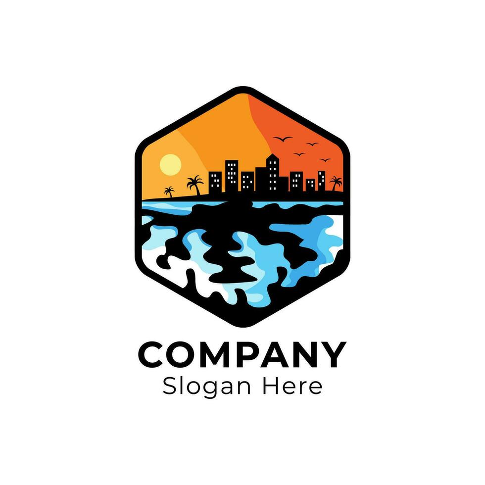 Buildings, sea and orange sky. Sunset city logo design concept for company, club, community, store and website. vector