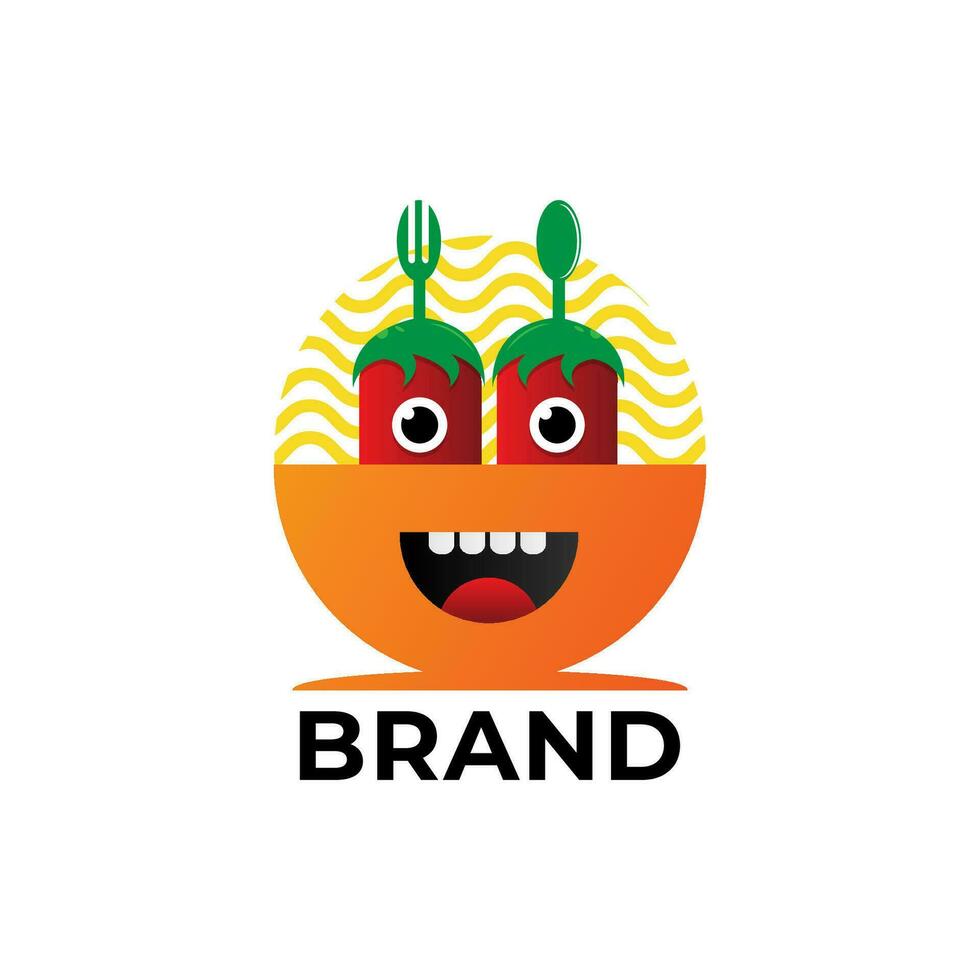 Noodle bowl mascot cartoon with a chili, spoon and fork. Cute style design for food and drink company related. vector