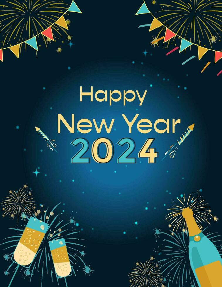 nuevo año tarjeta. vino, fuegos artificiales, estrellas íconos y champán en botella y vaso diseño a celebrar nuevo año. vector
