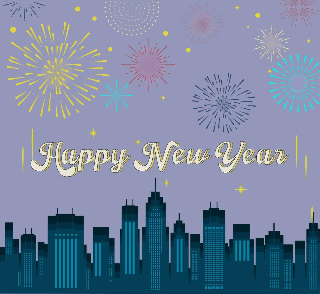 New year card, celebrating in the town with some fireworks to greet new year on the grey background. Vector illustration design.