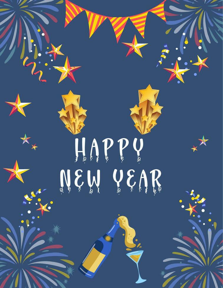 New year card. wine, fireworks, stars icons and champagne in bottle and glass design to celebrate new year with some fireworks on blue background. Vector illustration.