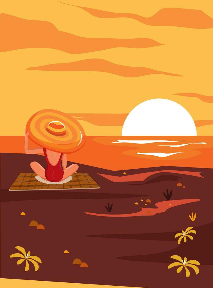 Bikini girl enjoying beautiful sunset on the beach. Summer vacation illustration,beach panorama. vector