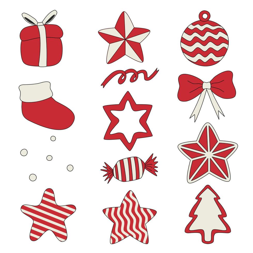 A set of Hand-drawn Christmas Vector elements in red, and cream color. include stars, socks, candy, a bow, a xmas tree, a gift box, an ornament ball, and ribbons in a minimal concept.