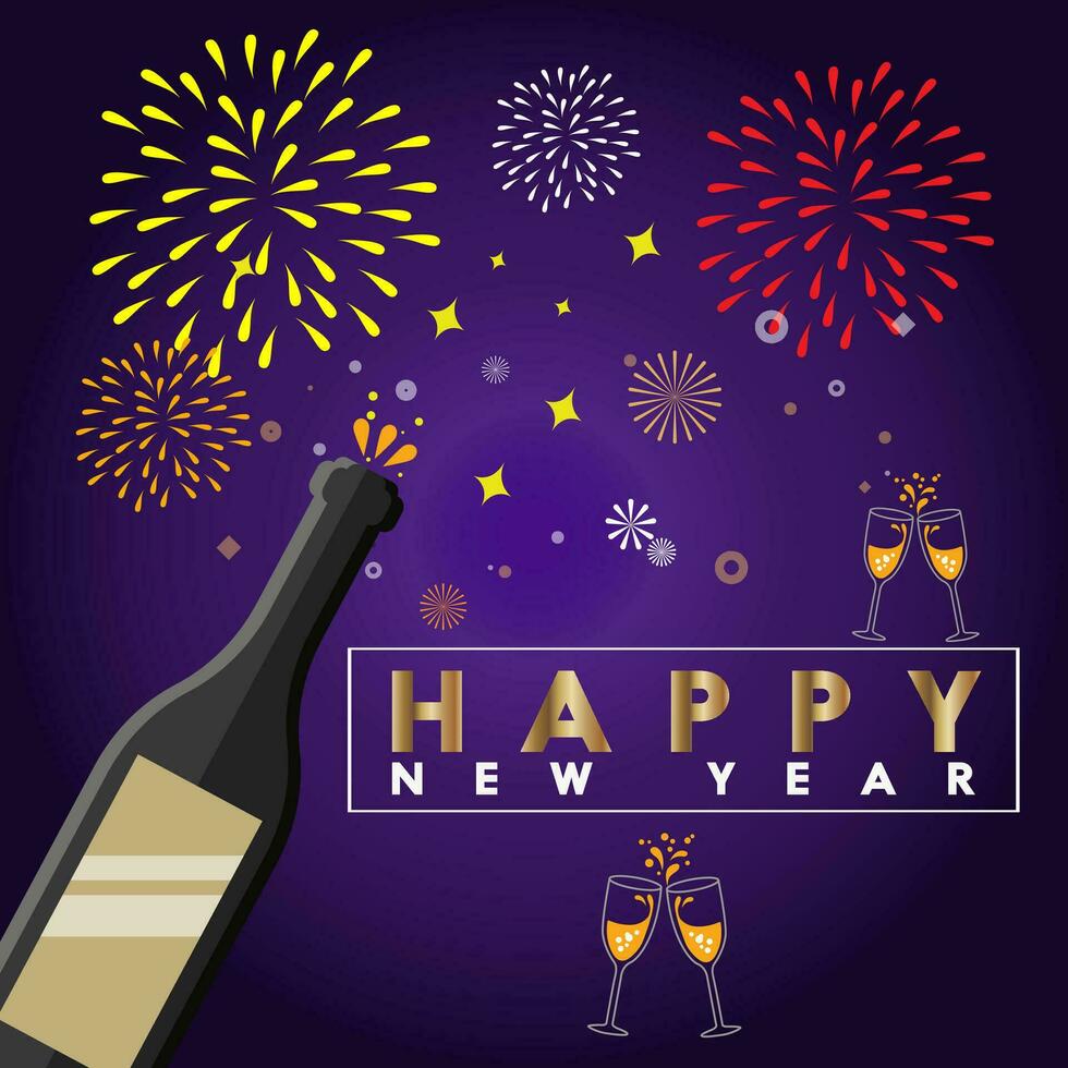 New year card, champagne in bottle and glass design to celebrate new year with some fireworks on abstract purple background. Vector illustration.