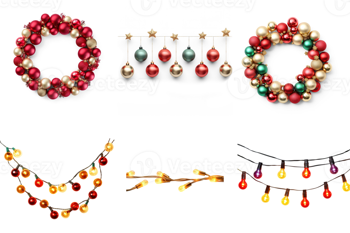 AI generated Set of Twinkling Christmas Light, wreath made from baubles isolated on transparent background png