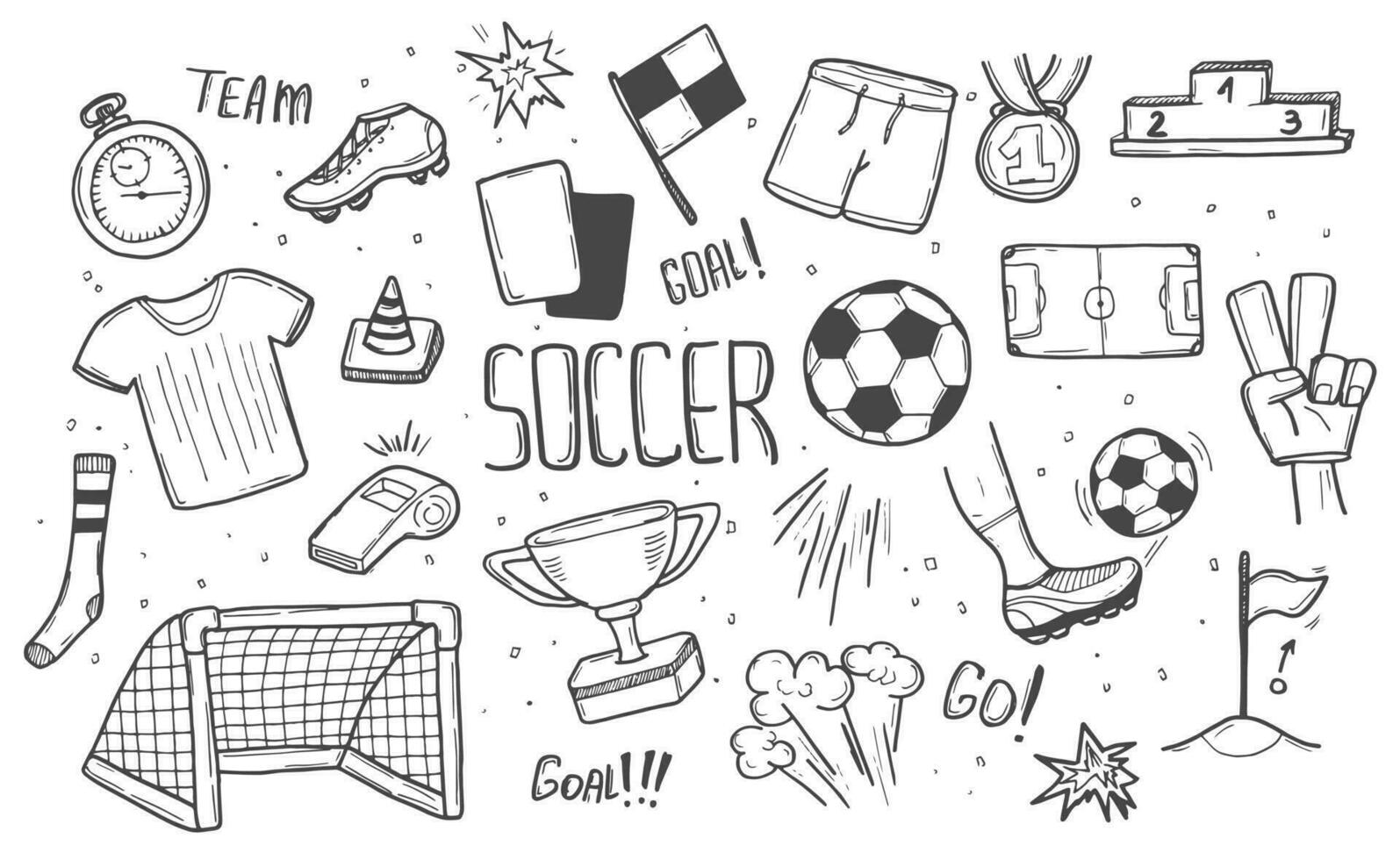 Soccer icon set in doodle style isolated on white background. Football concept sketch set in vector