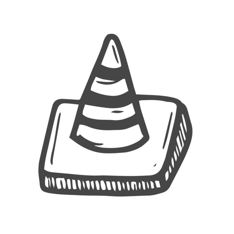 Road sign cone icon in doodle sketch lines. Danger forbidden plastic transportation vector