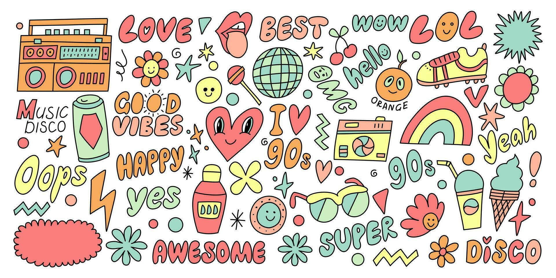 Hand drawing styles for retro items. Set 90 s retro item. vector