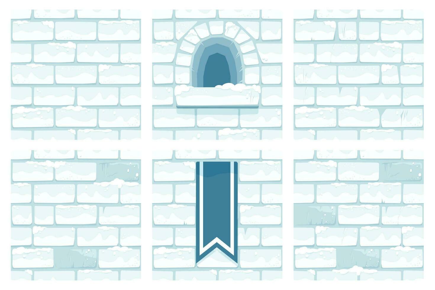 Cartoon Snow Brick Wall Collection, Set of Square Seamless Backgrounds for Castle Design vector